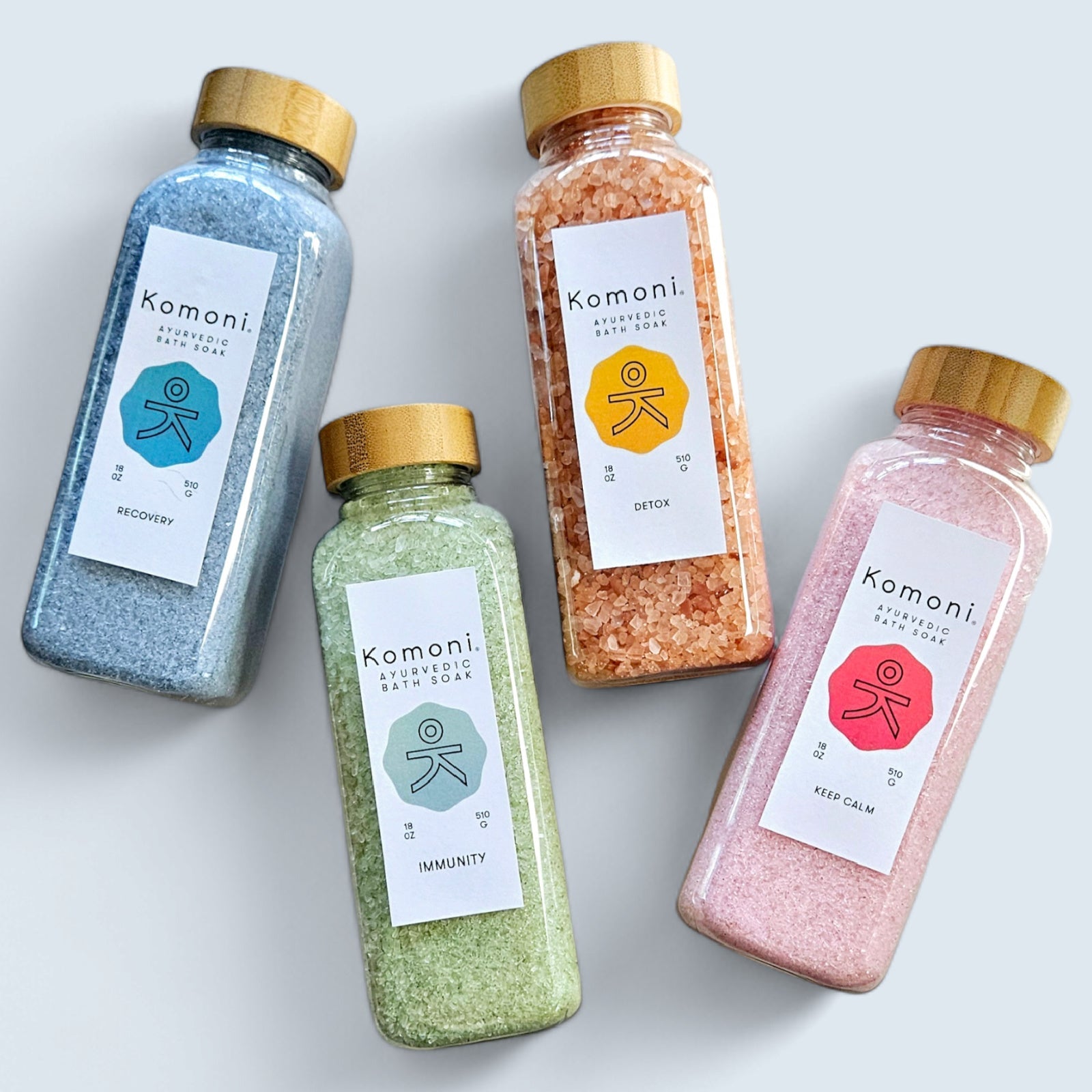 Four colorful 22 oz. bottles of our popular, natural salts, essential oils, and botanicals based bath soaks  with unique aromas & health benefits.