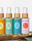 All four essential oil hand sanitizers. With 65% ethyl alcohol, hydrating hempseed oil, and essential oil blends offering unique aromas and wellness benefits.